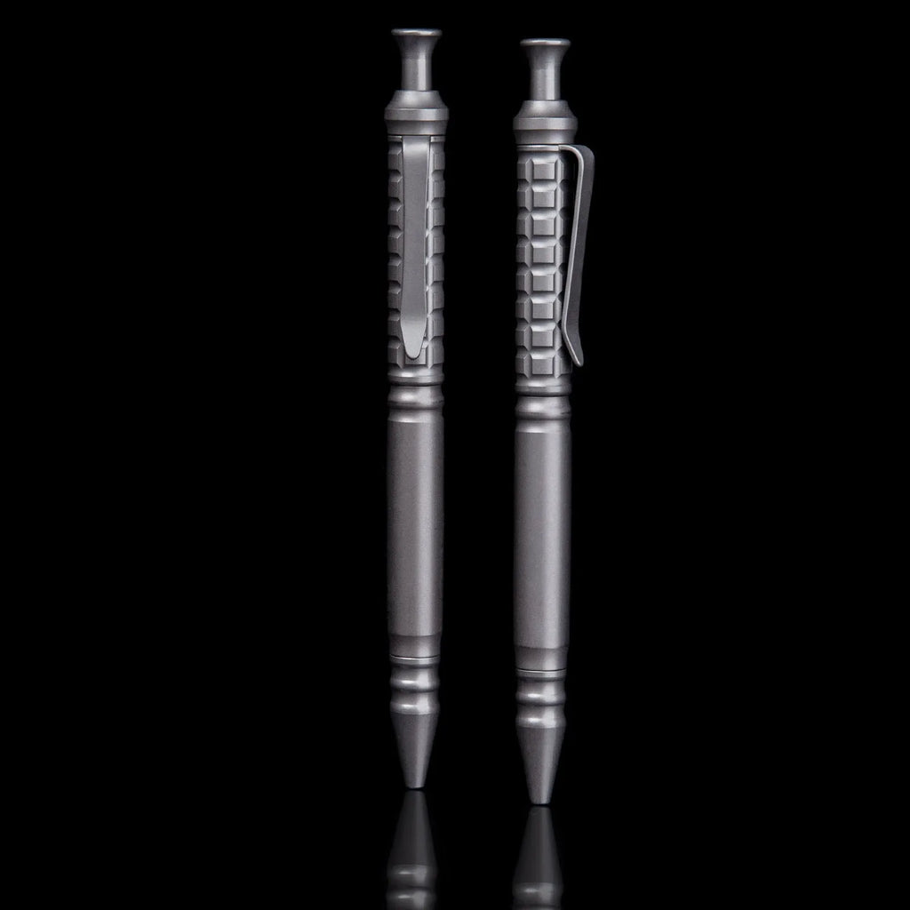 Gunmetal grey titanium tactical pen with push-action mechanism and 0.5mm nib
