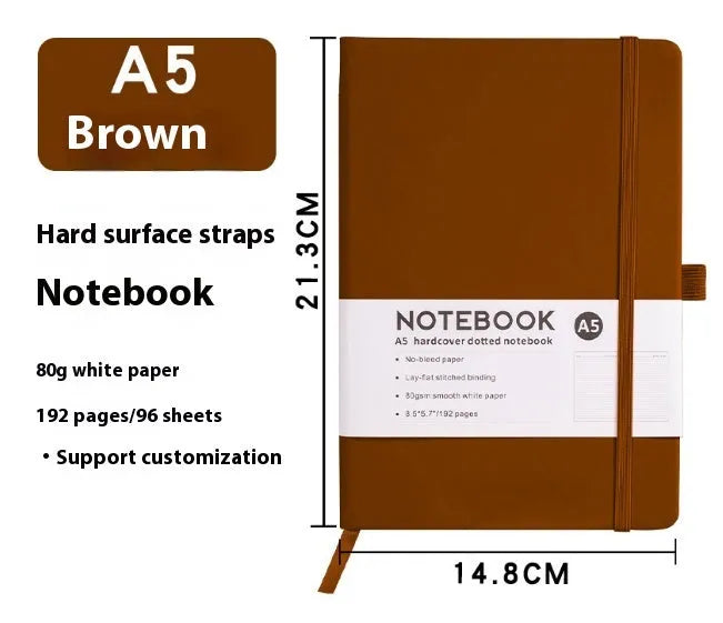 A5 diary with soft PU leather cover in a skin feeling texture, open to show horizontal line pages.