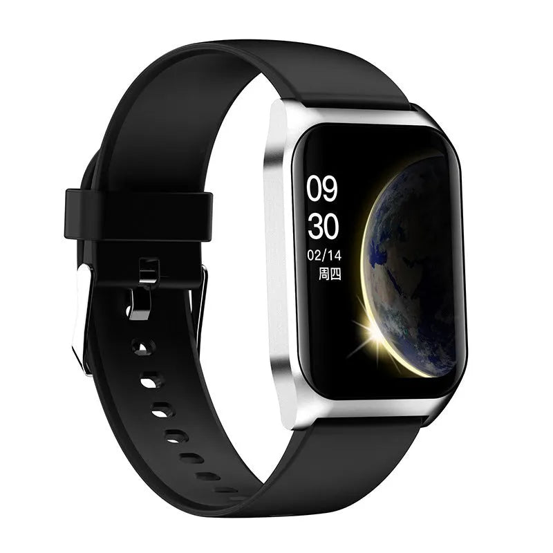 Black smart watch with heart rate monitor and Bluetooth call functionality on a silicone wrist strap