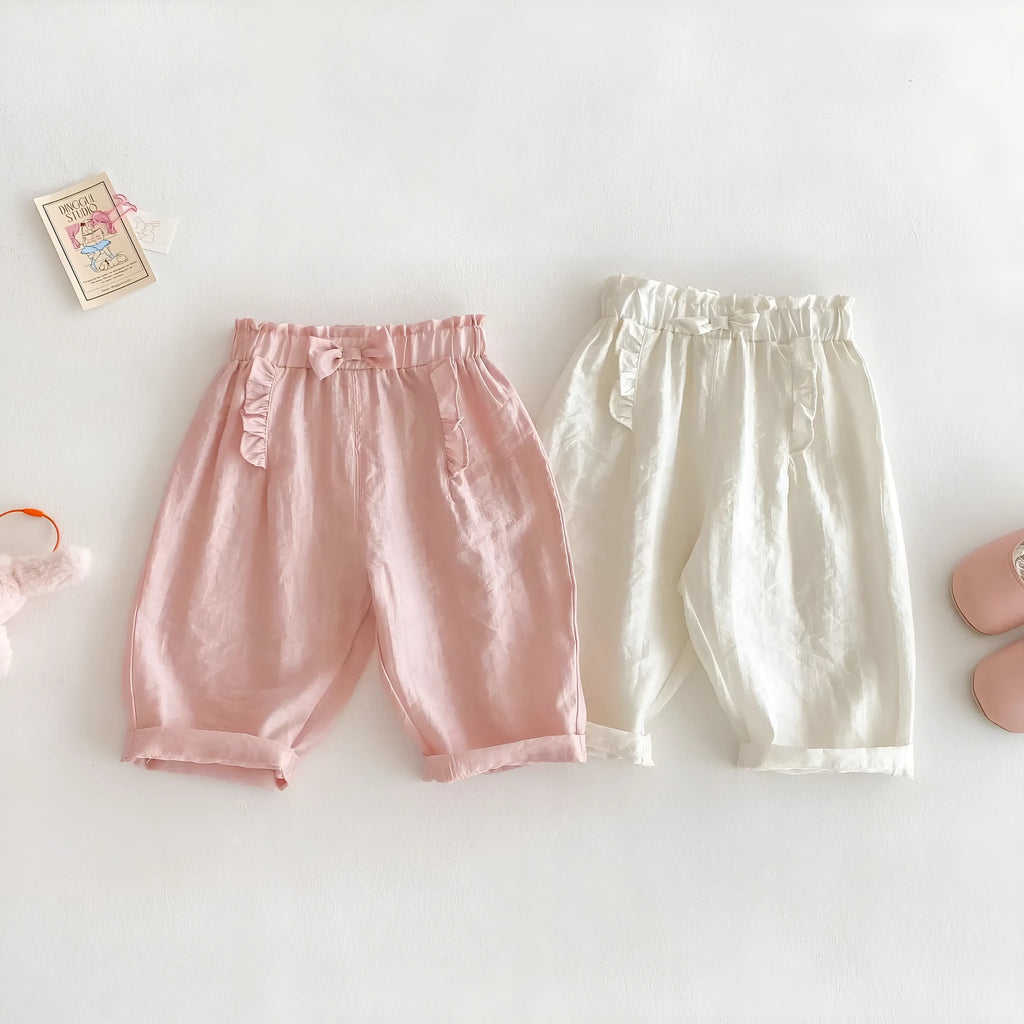 Girls' bow anti mosquito cotton trousers in cream beige, mid-waist casual style for height 100 cm