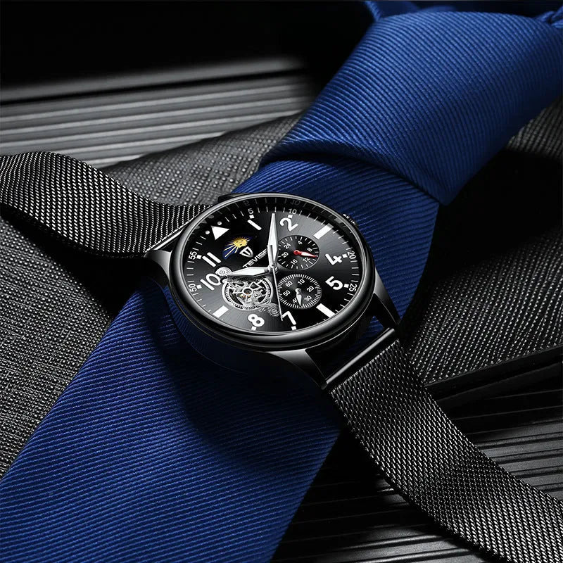 Black men's mechanical watch with moon phase display and luminous hands on 41mm alloy case