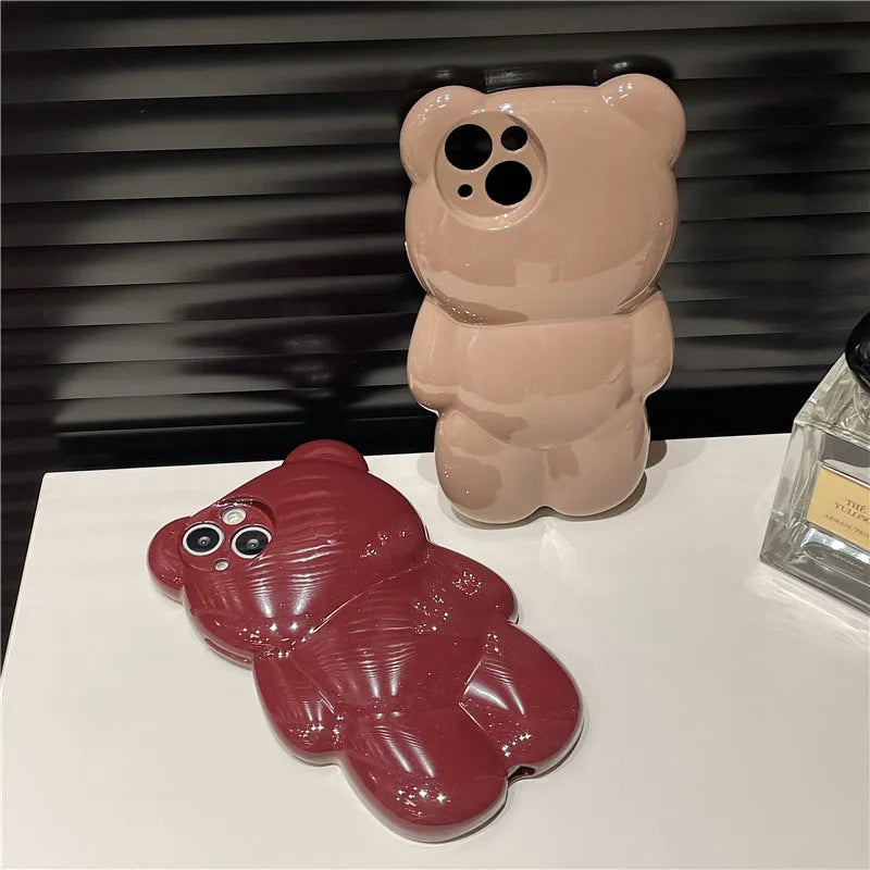 Solid colour three-dimensional bear cute anti-fall silicone phone case for iPhone 11 12 13 14 series, khaki option