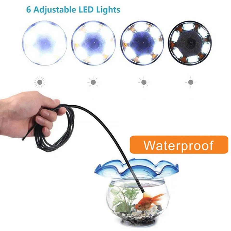 USB endoscope kit with waterproof camera, flexible cable, magnet, hook, and side mirror for Android and PC.