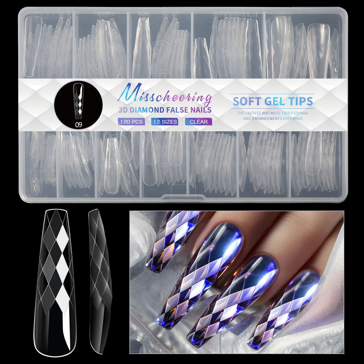 3D diamond wear long shaping artificial nail tips in twelve different colour options