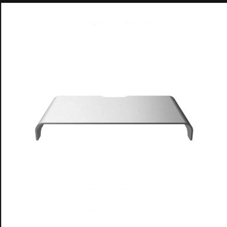Silver aluminium alloy single layer monitor riser stand on desk with laptop