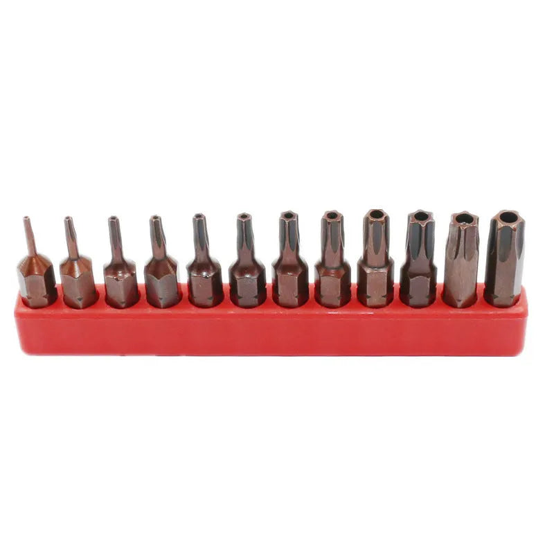 Black steel screwdriver bit set showing T6 to T40 sizes with magnetic tip and hexagon shank