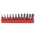 Black steel screwdriver bit set showing T6 to T40 sizes with magnetic tip and hexagon shank