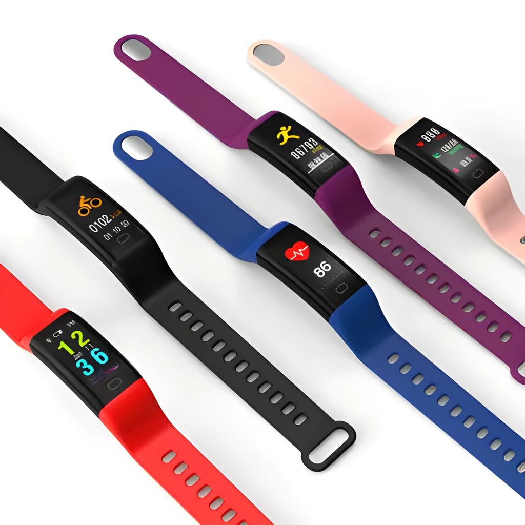 Big Screen Smart Band fitness tracker with OLED display shown in multiple colour options on a wrist.
