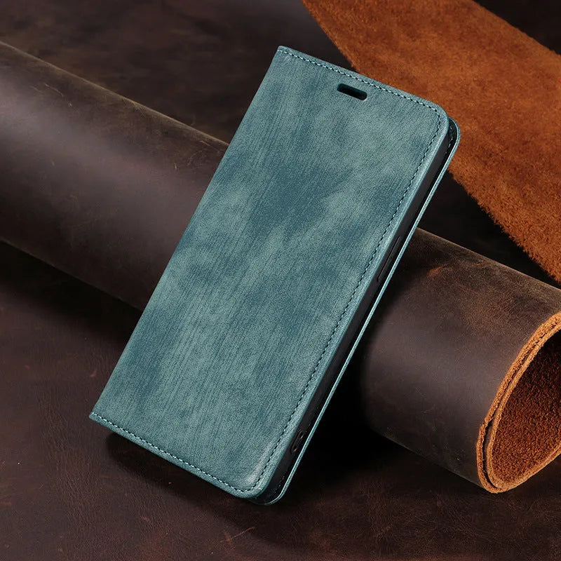 Magnetic flip leather phone case for iPhone in various colours, showing front and back views.