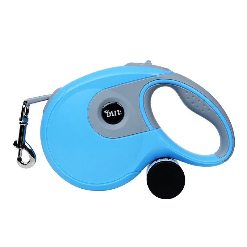 Retractable dog lead with one-button brake, soft non-slip rubber grip, and stainless steel buckle, available in 3 m or 5 m.