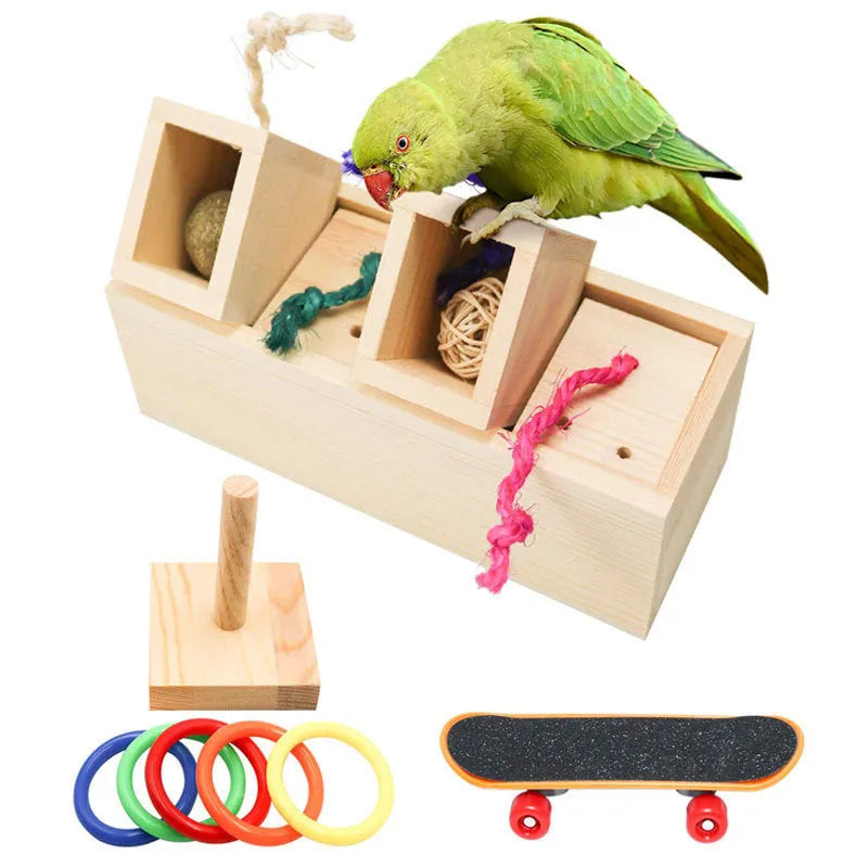 Wooden parrot foraging puzzle toy set for pet bird enrichment and beak exercise.