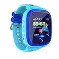 Blue children's waterproof smart watch with touch screen display and silicone wristband showing GPS tracking interface