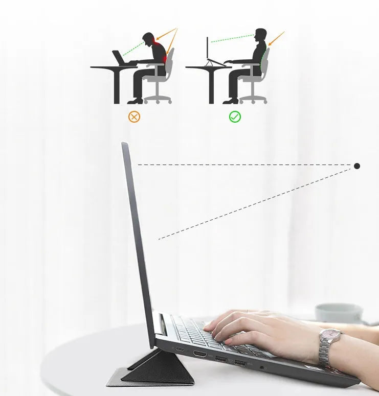 Blue portable laptop cooling bracket with foldable design on a wooden table.