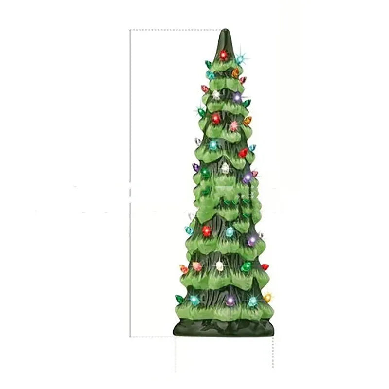 European style resin Christmas tree ornament with LED lights in coloured or warm white, shown in 20cm, 25cm, and 30cm sizes.