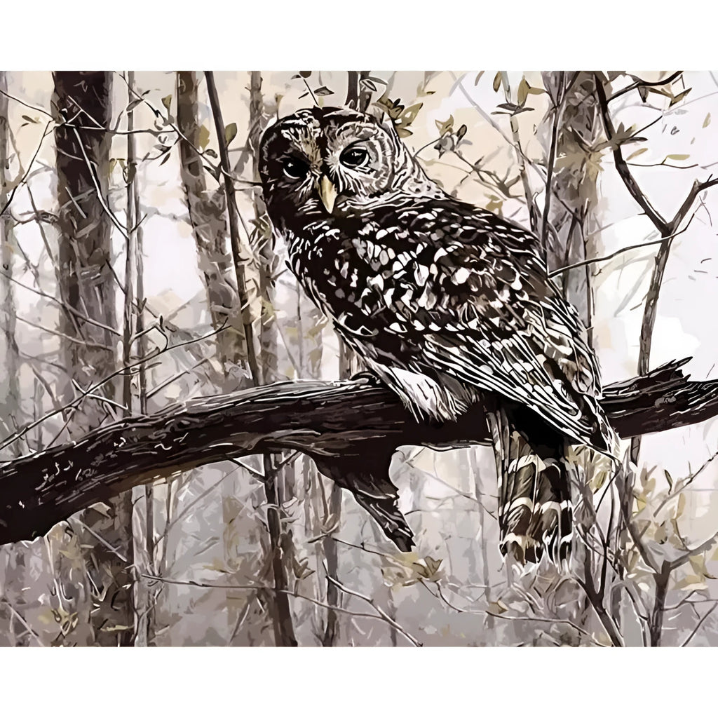 Owl digital painting DIY kit with canvas, acrylic paints, and brushes laid out.
