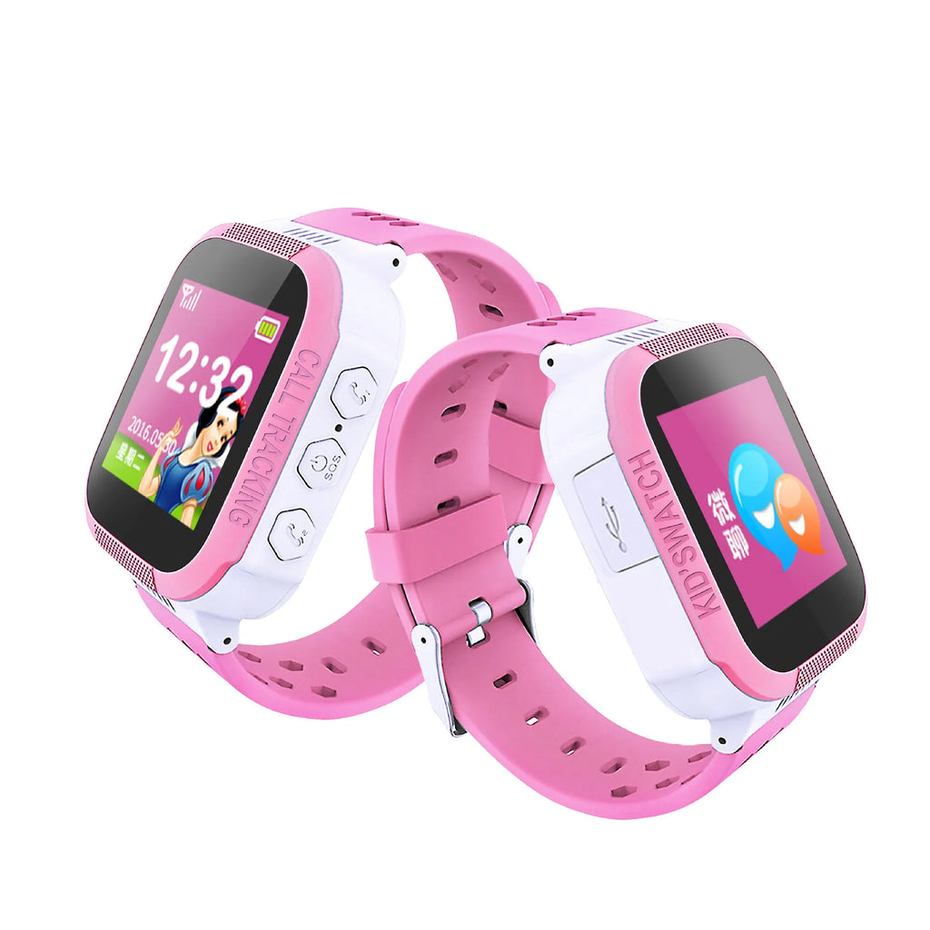 Blue children's phone watch with 1.44-inch IPS screen showing interface display