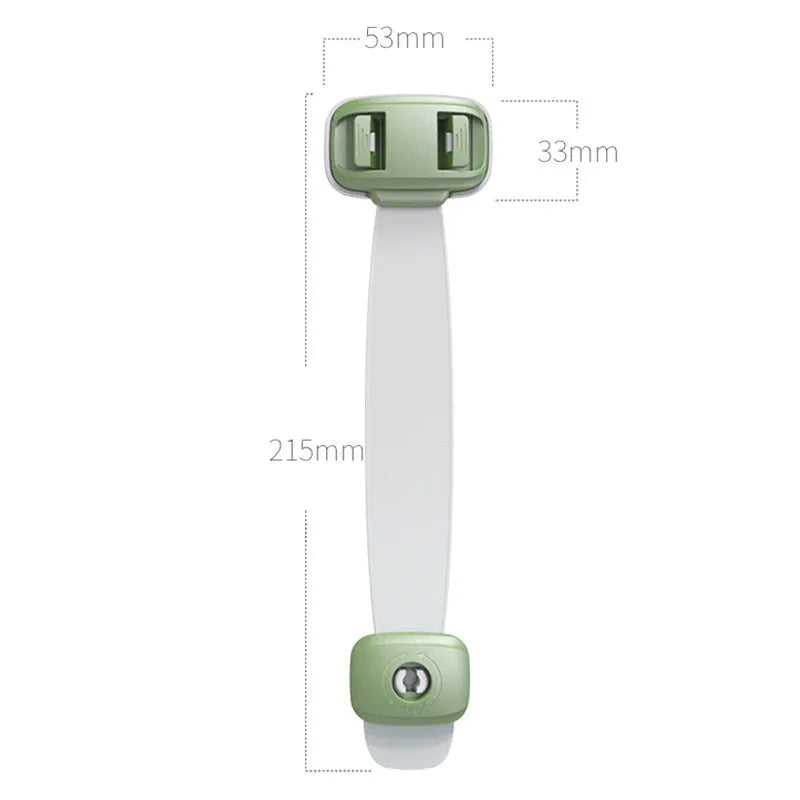 Grey and green adjustable child safety cabinet locks with adhesive backing on a kitchen drawer.