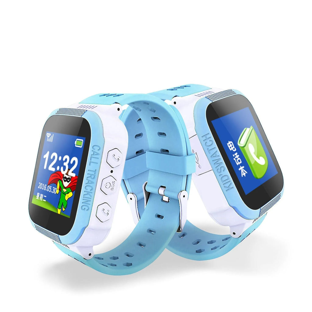 Blue children's phone watch with 1.44-inch IPS screen showing interface display