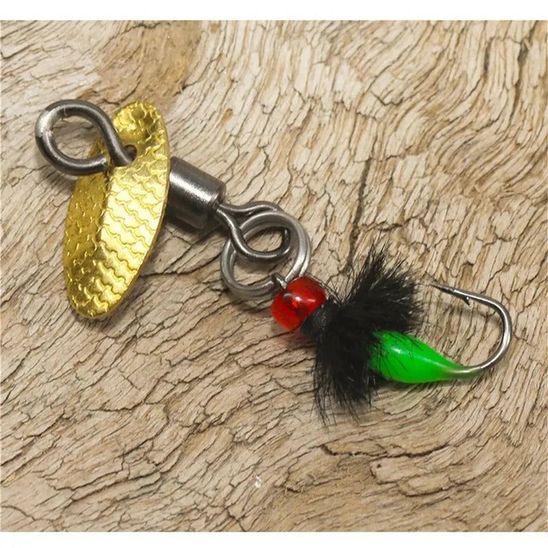 Five bionic poisonous mosquito fishing hooks with spinning sequins in multicolour designs