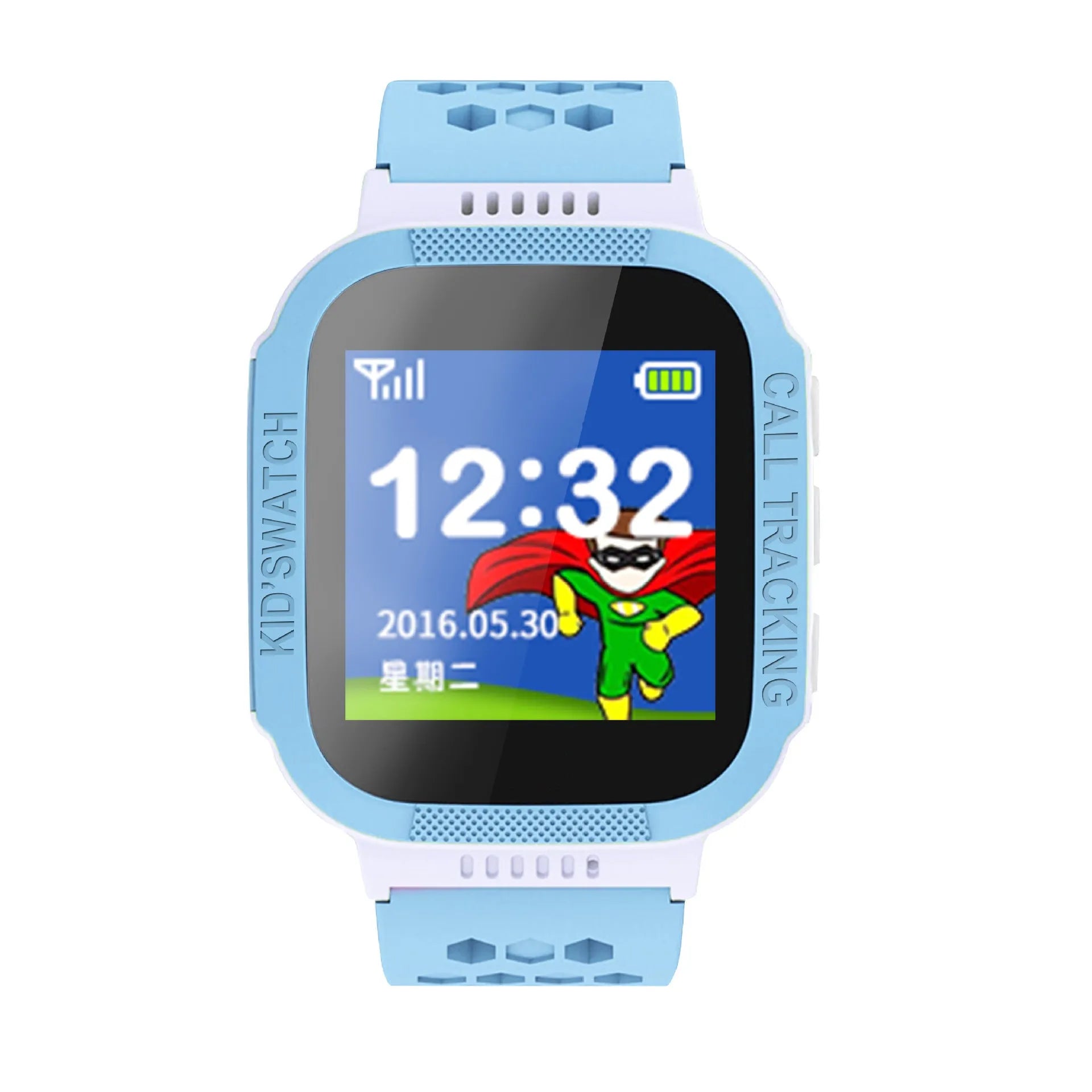 Blue children's phone watch with 1.44-inch IPS screen showing interface display