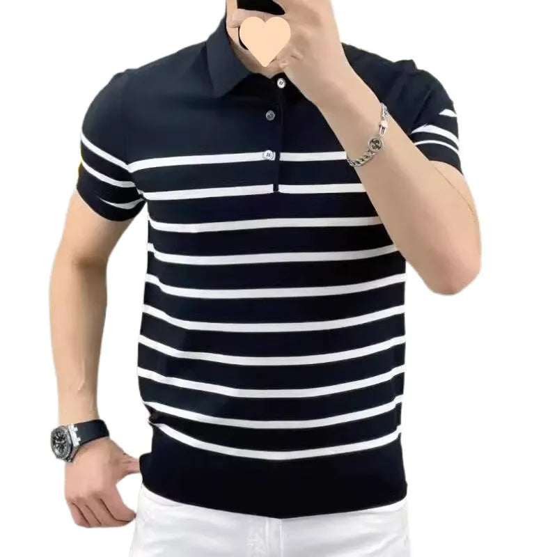 Striped V-neck knitted T-shirt in black or white with chemical fibre blend fabric