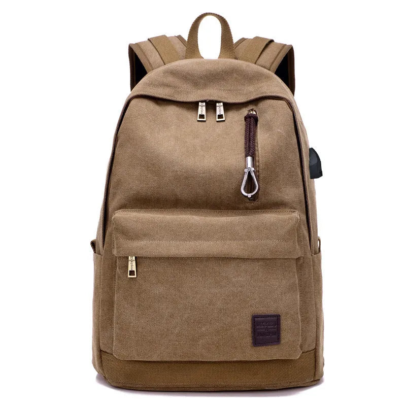 Coffee-coloured canvas backpack with USB charging port and multiple compartments.