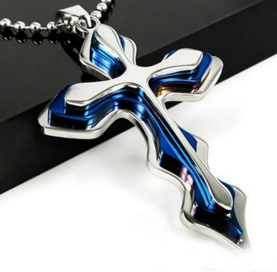 Men's three-tiered blue and black cross pendant necklace on 50cm round bead chain