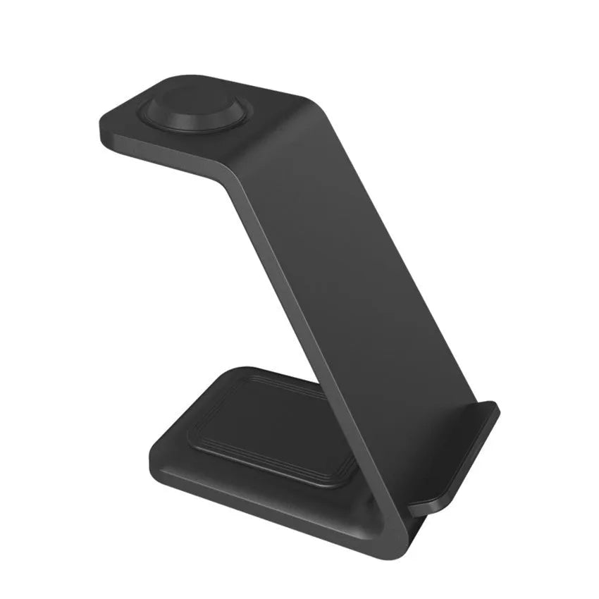Black and white 3-in-1 upright wireless phone charger stand on a desk.