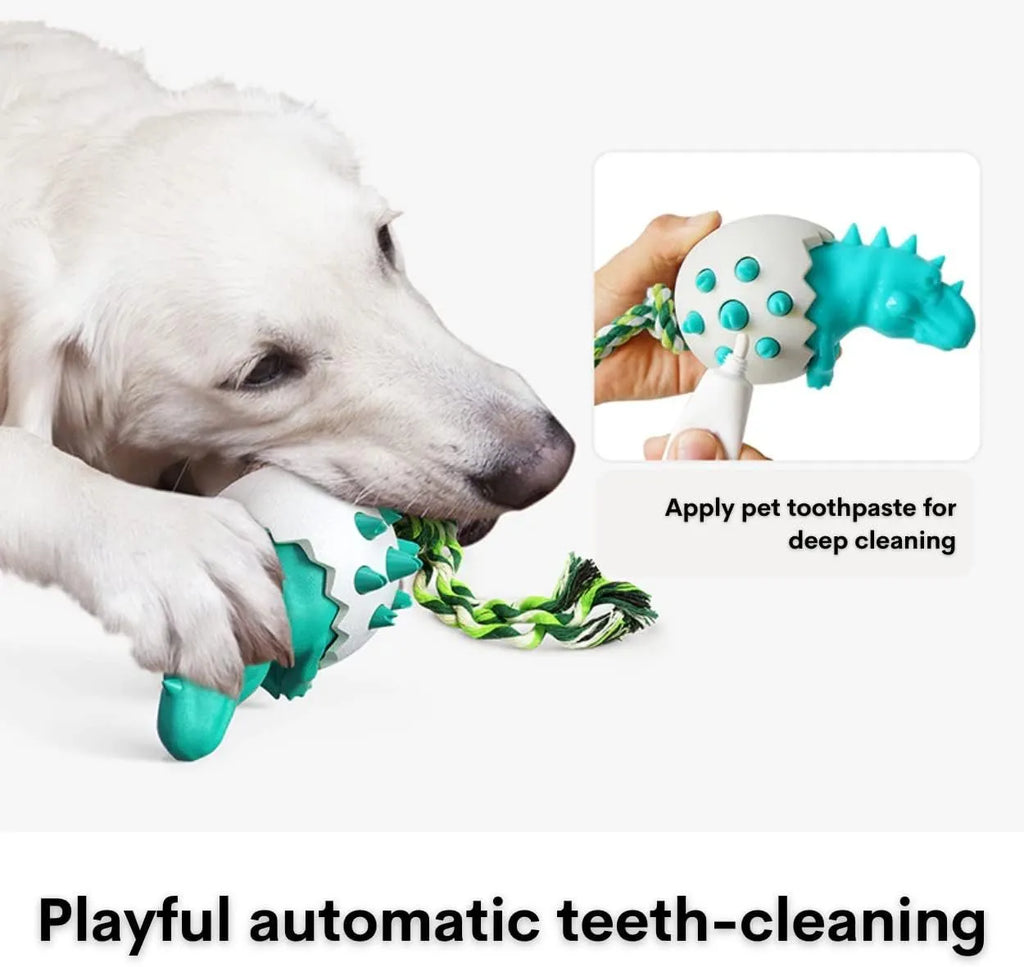 Blue durable rubber dog chew toy with integrated rope and textured surface for dental cleaning.