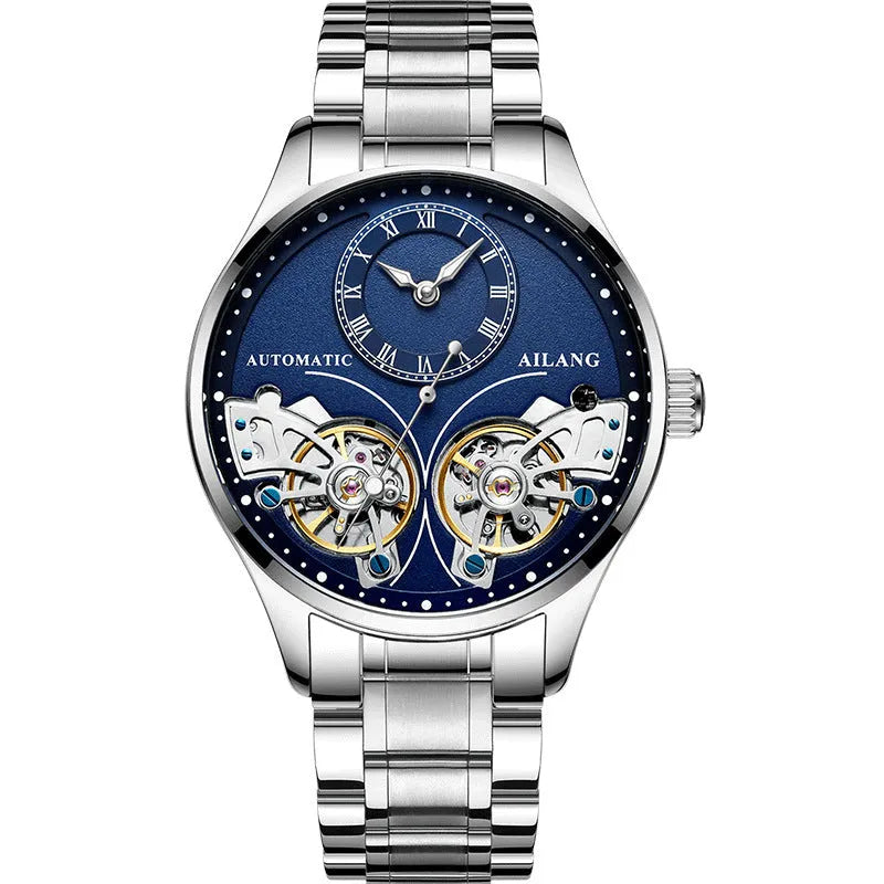 Automatic men's watch with tourbillon and moon phase on a round black dial in a titanium case.