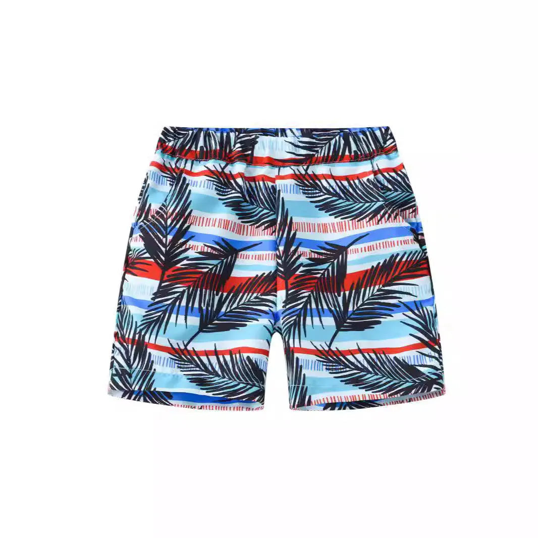 Printed beach shorts with hairband belt waist in chemical fibre blend fabric showing tropical print designs