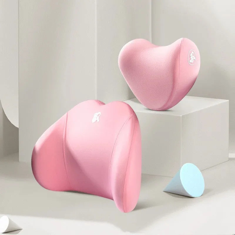 Heart-shaped memory foam car pillow set with headrest and lumbar support in cotton