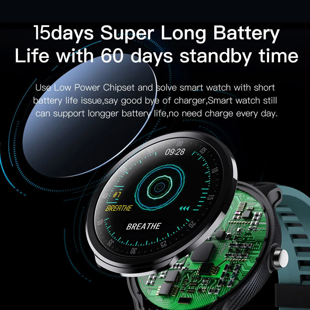 Waterproof smart watch with heart rate monitoring in green or orange colour, showing 48.5mm dimensions
