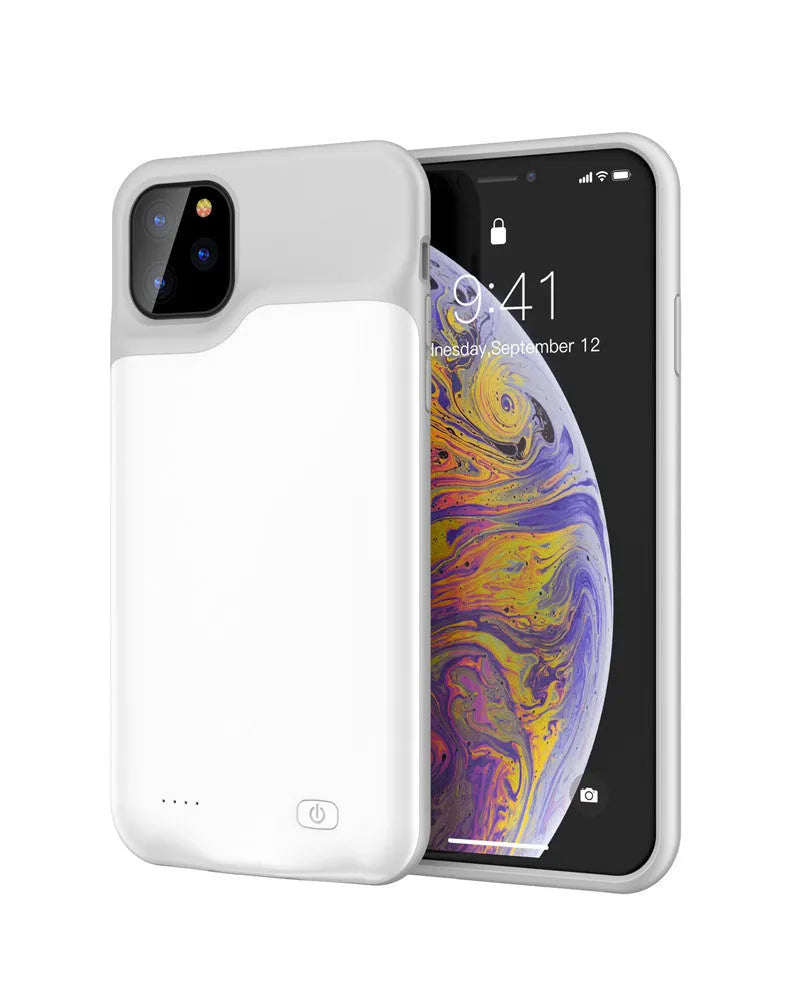 Shockproof silicone iPhone battery charger case in various colours showing extended battery capacity