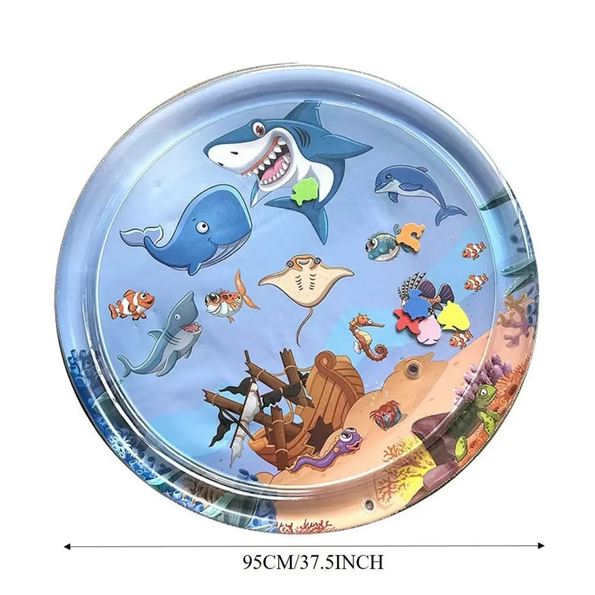 A square blue water sensory playmat for cats on a floor, showing floating fish toys inside the transparent PVC cushion.