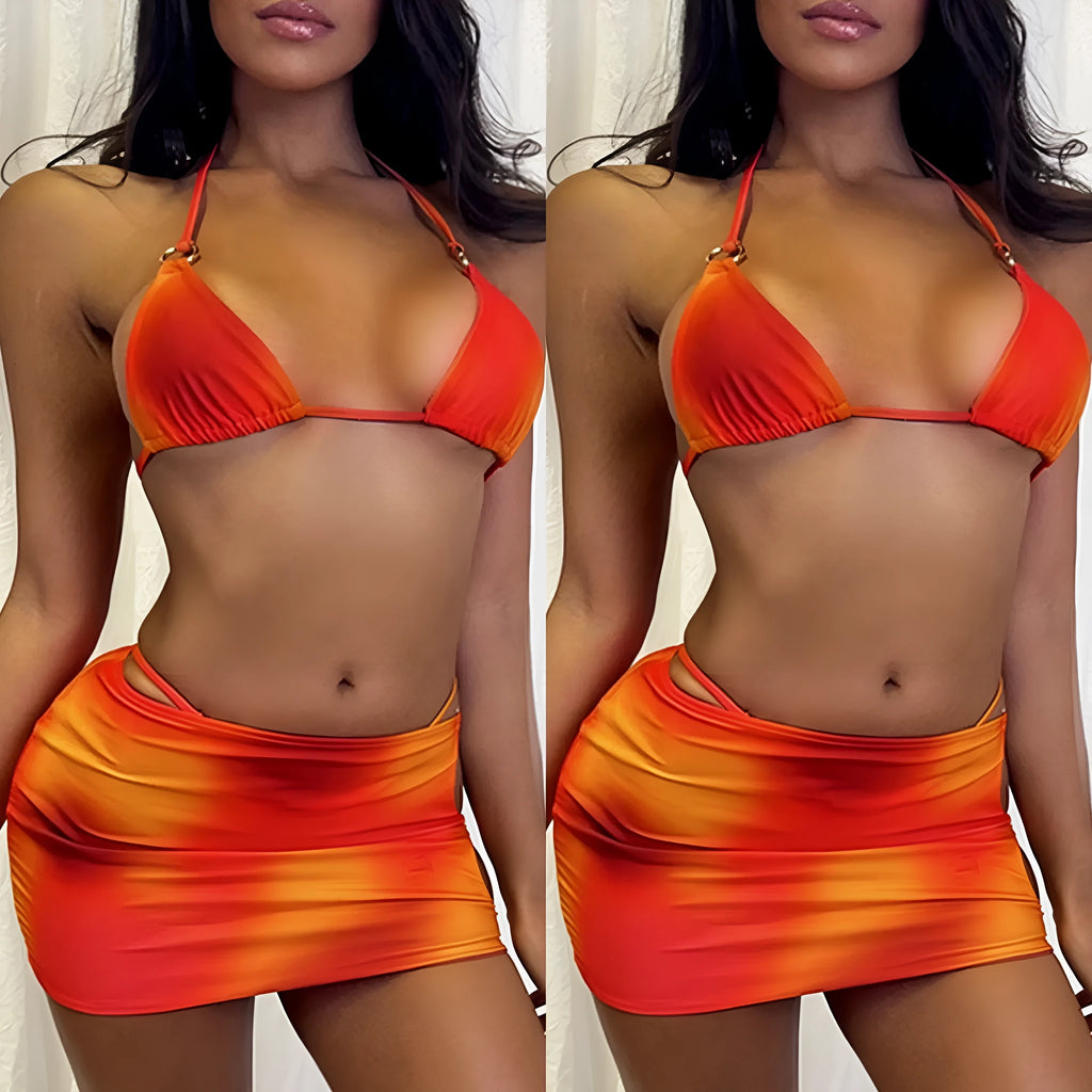 Tie-dye gradient pattern halter bikini three-piece swimsuit set on a hanger