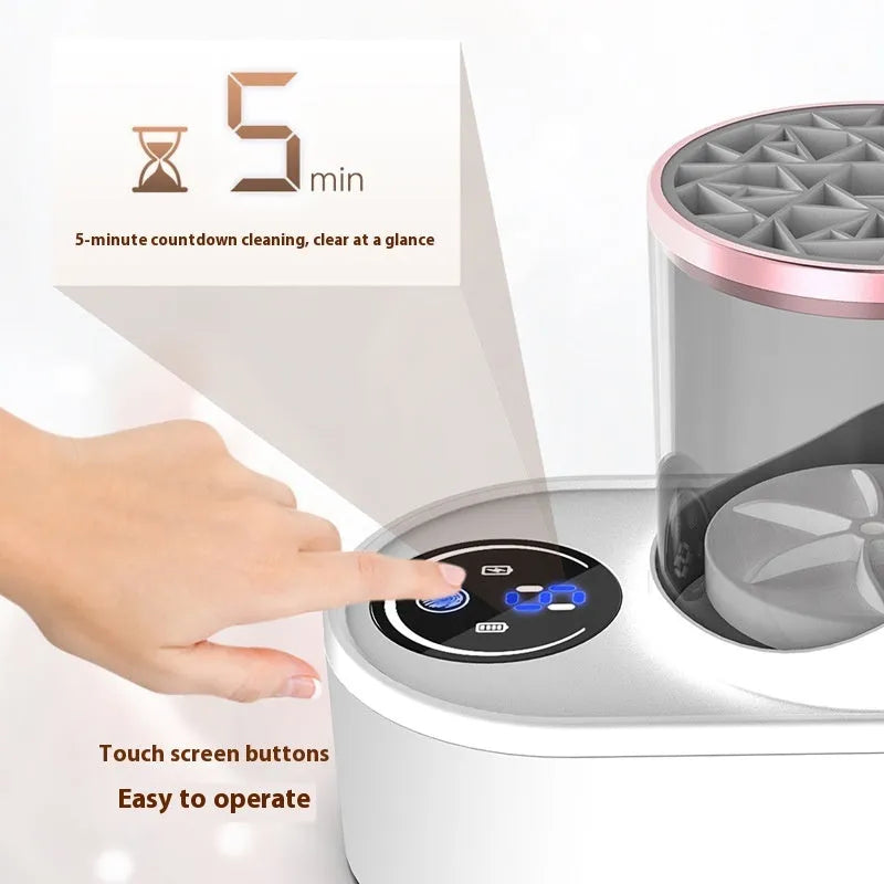 White rechargeable automatic makeup brush cleaner and dryer stand on a table