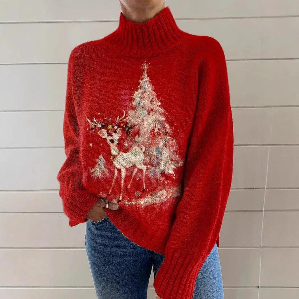 Women's loose-fit Christmas printed turtleneck sweater in a macaron colour with a festive painting design.