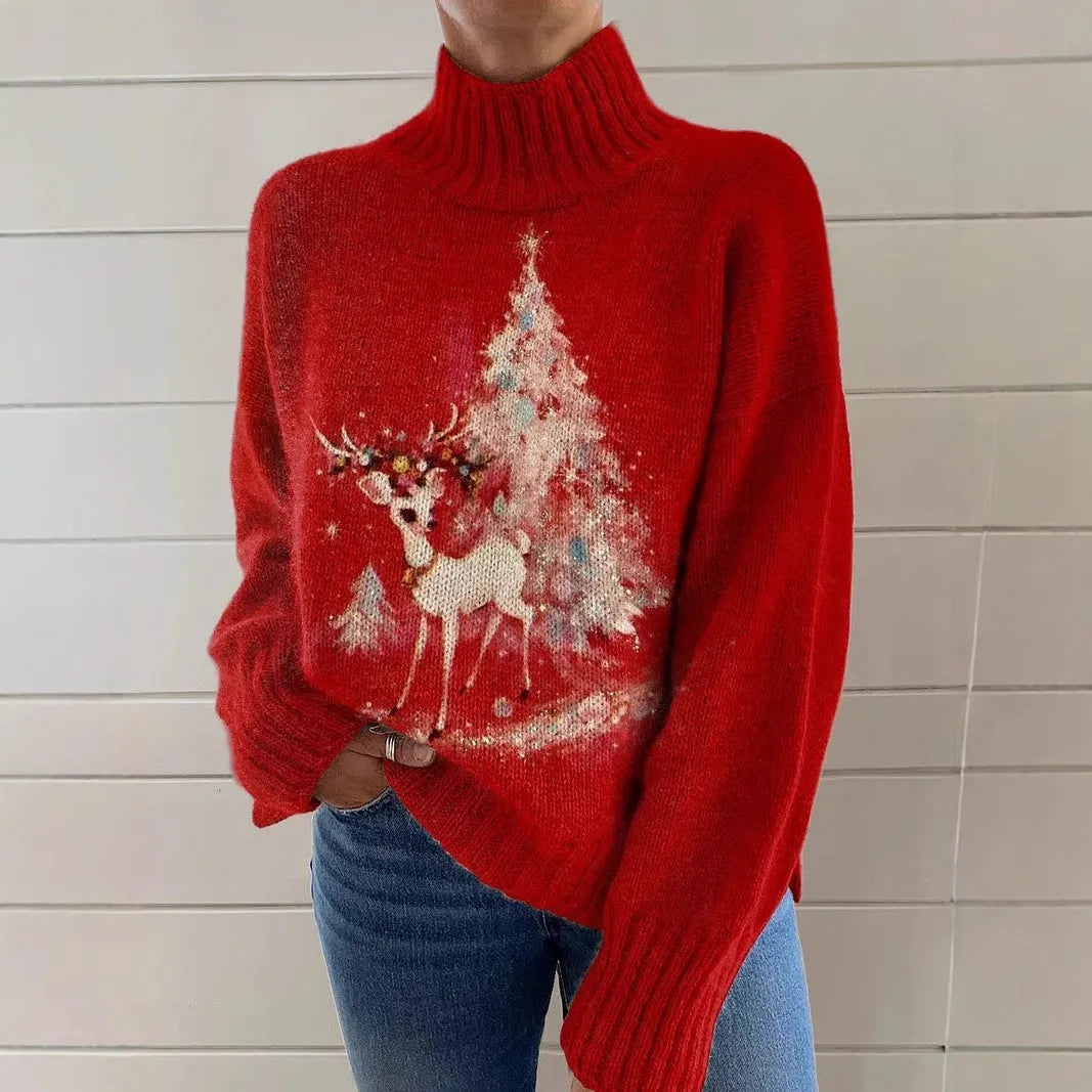 Women's loose-fit Christmas printed turtleneck sweater in a macaron colour with a festive painting design.