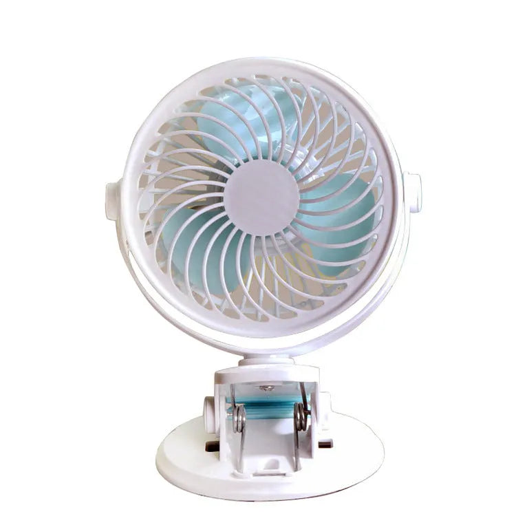 Small USB desktop fan in clip and floor standing styles showing compact size and three blades