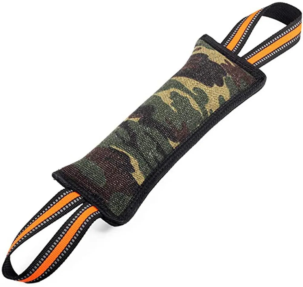 Yellow-trimmed jute dog training bite stick with reflective stitching measuring 55cm length
