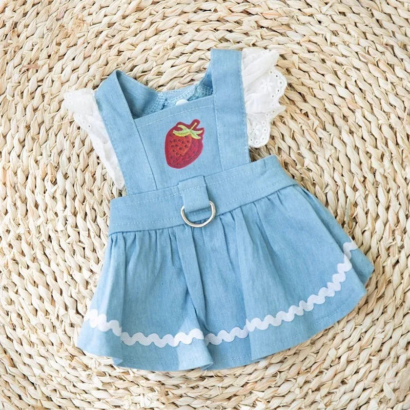 Bondi Blue dog skirt with strawberry prints and traction strips for small dogs