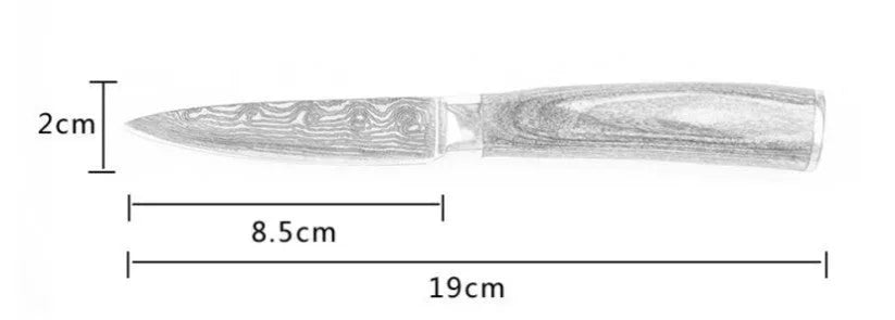 Kitchen knife set with 7Cr17 steel blades showing laser Damascus patterns and coloured wood handles