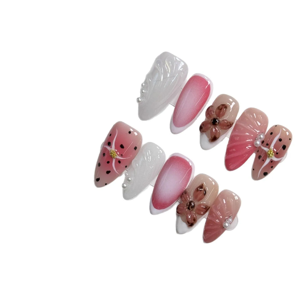 Hand-painted 3D carved nail art patches in almond shape and candy colours, sizes XS to L.