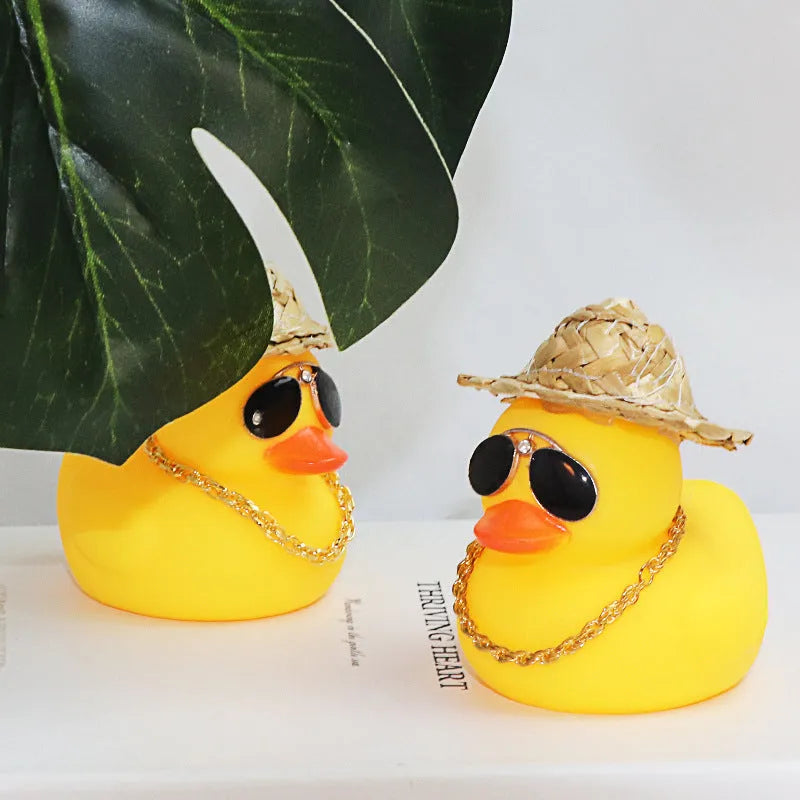 Straw hat yellow duck car dashboard ornament with matte finish and included accessories