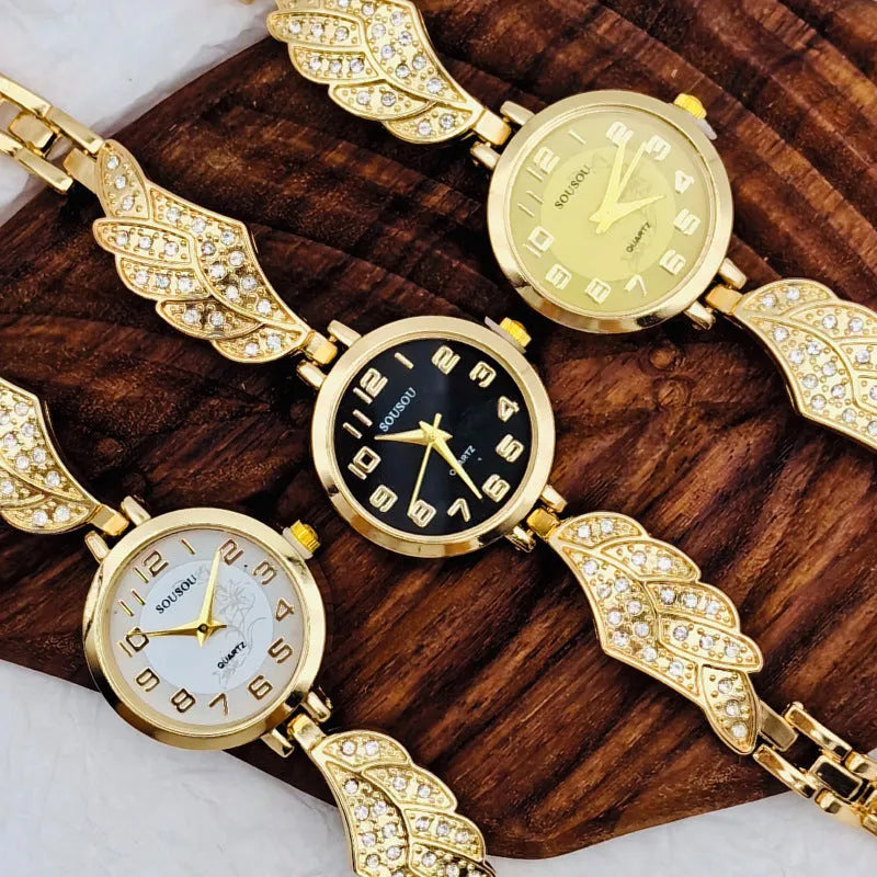 Women's round stainless steel watch with a choice of gold, golden white, or golden black dial on a steel strap with vachette clasp.