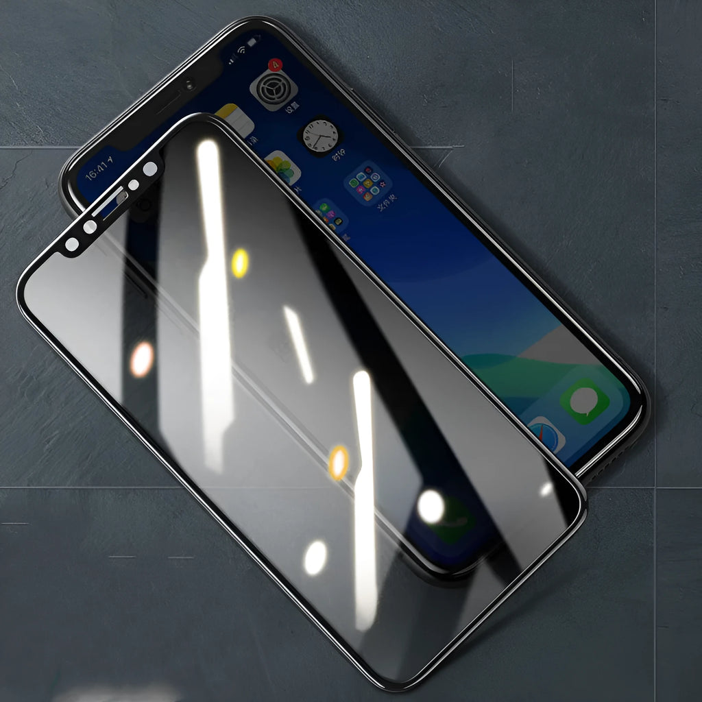 Tempered glass screen protector for iPhone models 11, X, XS, showing anti-fingerprint and HD features.