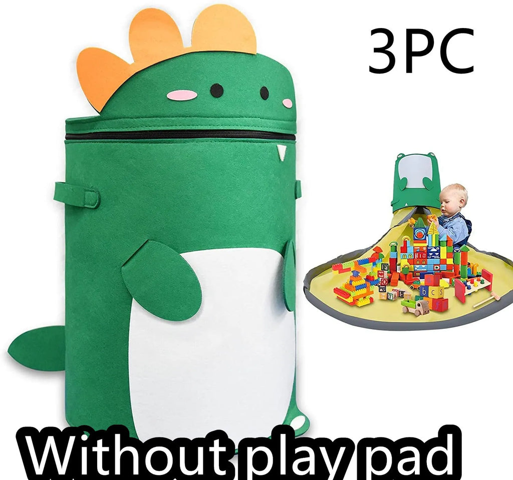 Green felt cube storage bag with pull rope, shown open as a play mat and closed as a toy container.