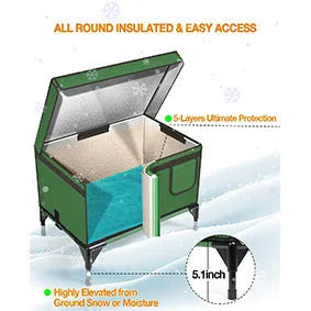 Green foldable cat cage with removable cloth cover, shown in a garden setting.
