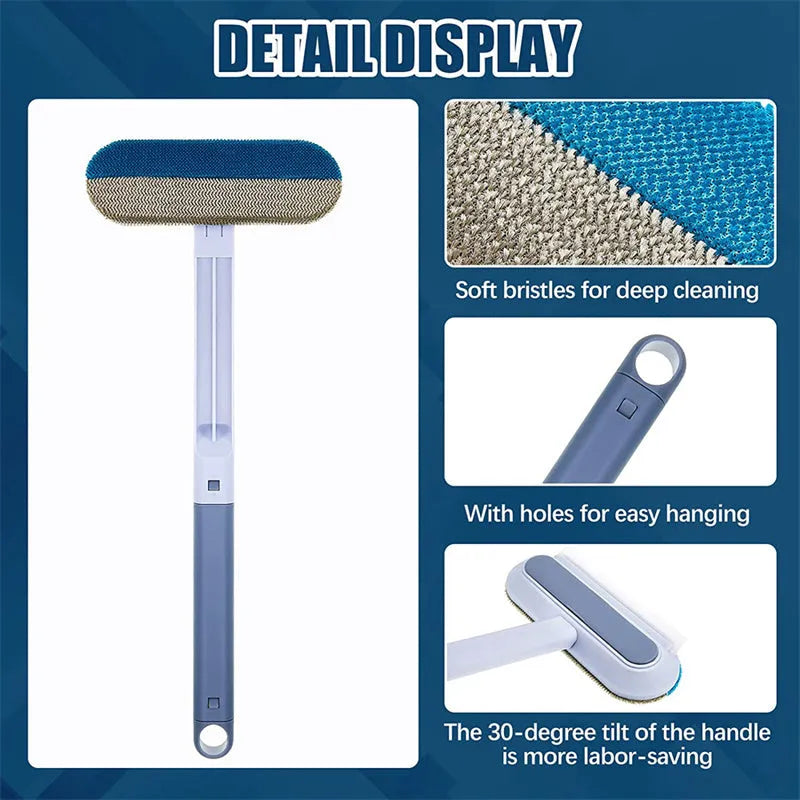Multifunctional hair removal and window screen cleaning brush with blue flannel head and white plastic handle.